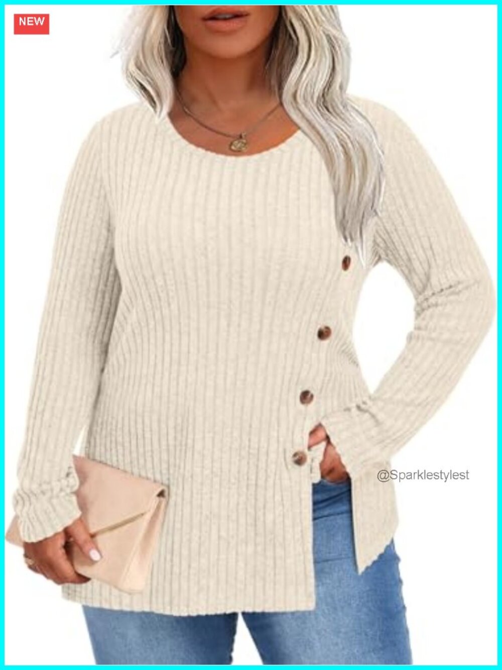 Plus Size Ribbed Knit Tunic Sweater Side Button Long Sleeve